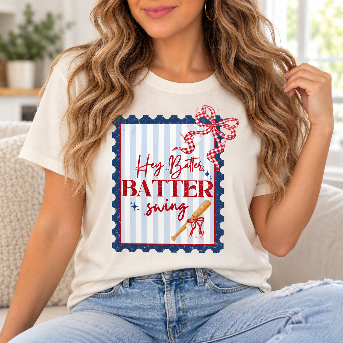 Hey Batter Batter Swing: Gingham Stamp boutique modeled mockup