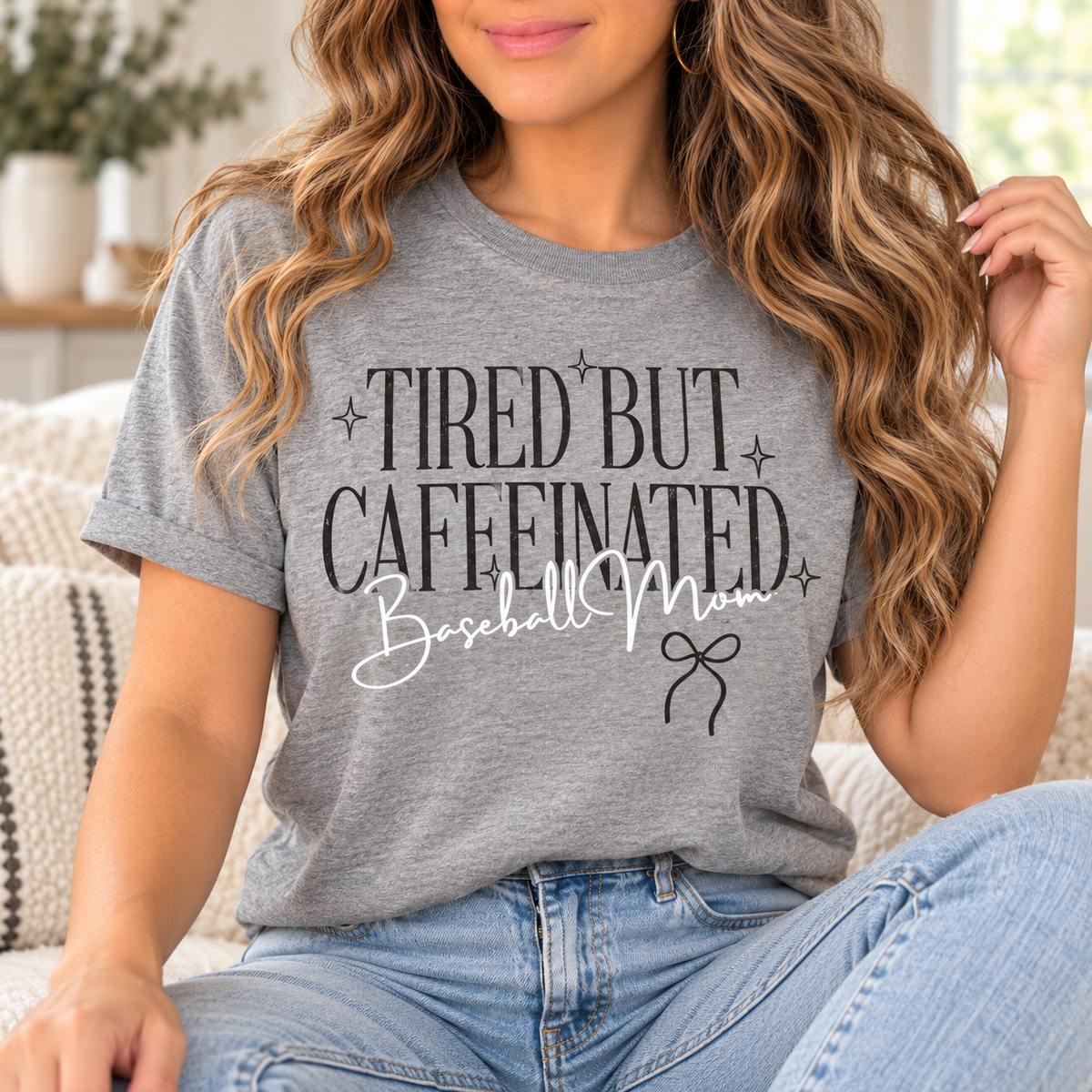 Tired but Caffeinated Baseball Mom boutique modeled mockup