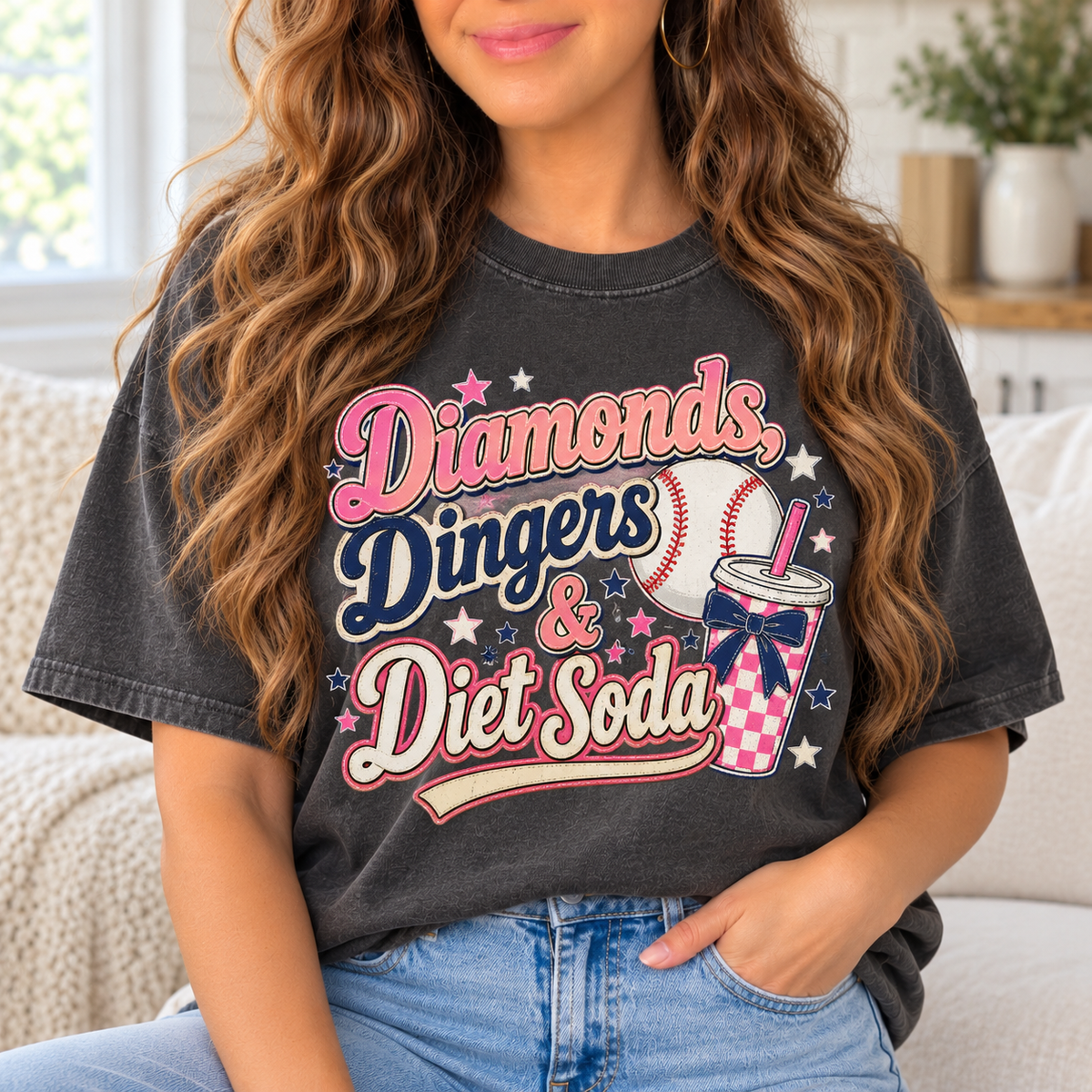Diamonds, Dingers & Diet Soda boutique modeled mockup