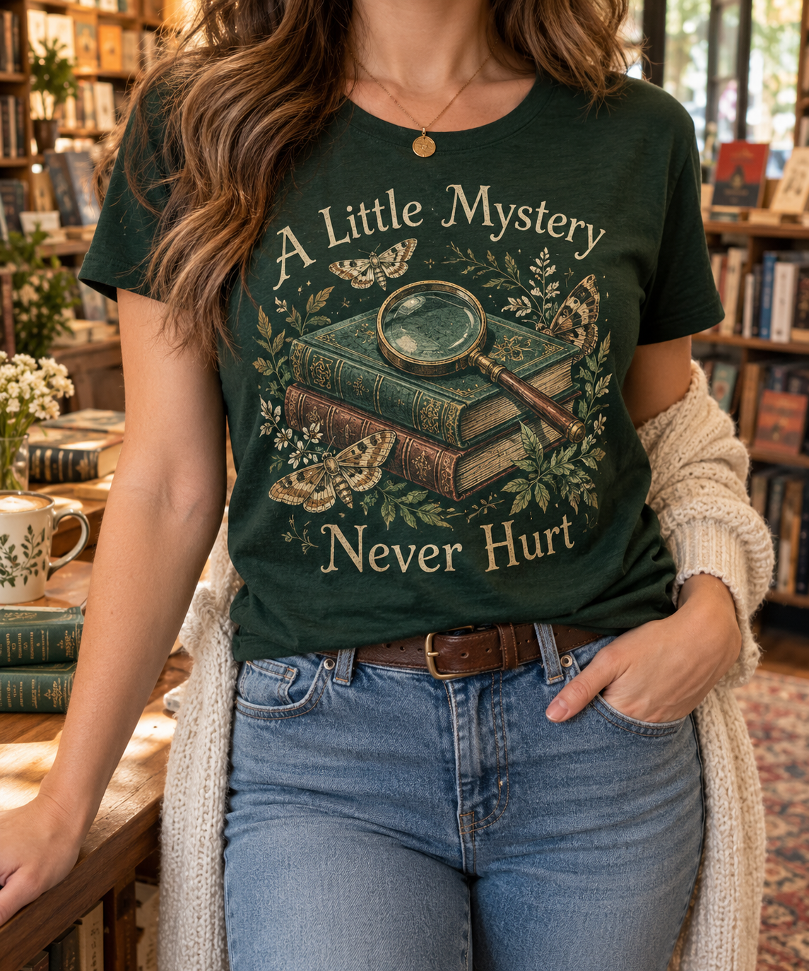 A Little Mystery Never Hurt boutique modeled mockup