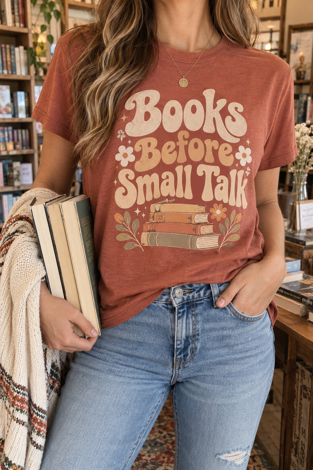 Books Before Small Talk boutique modeled mockup
