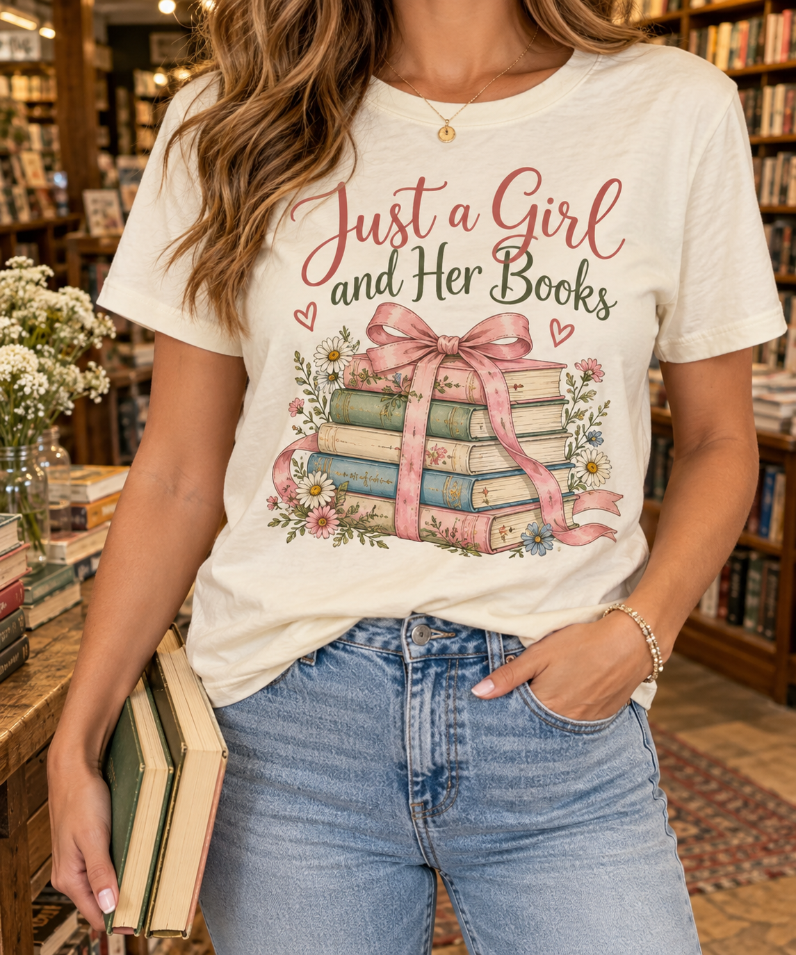 Just a Girl & Her Books boutique modeled mockup
