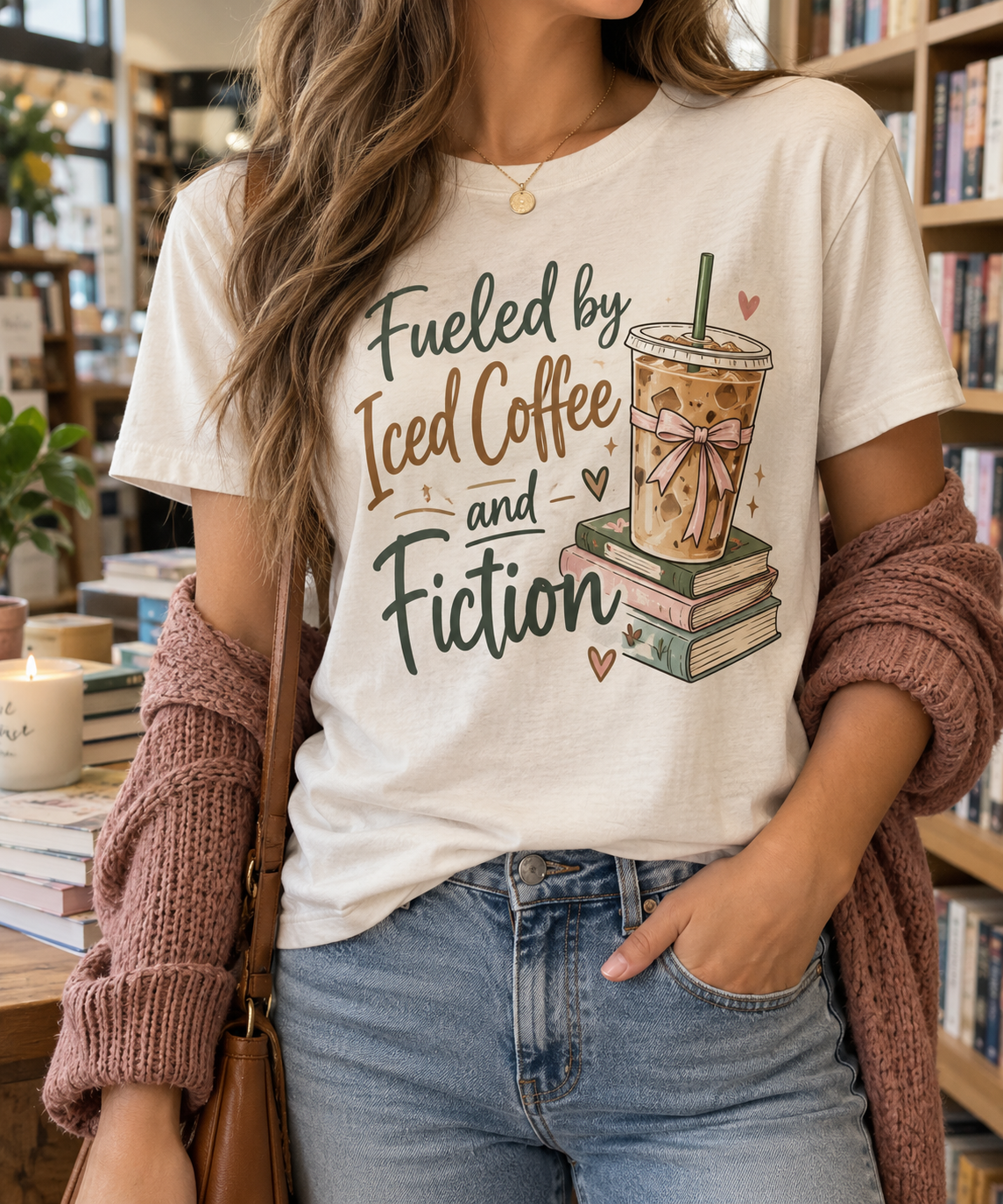 Fueled by Iced Coffee & Fiction boutique modeled mockup