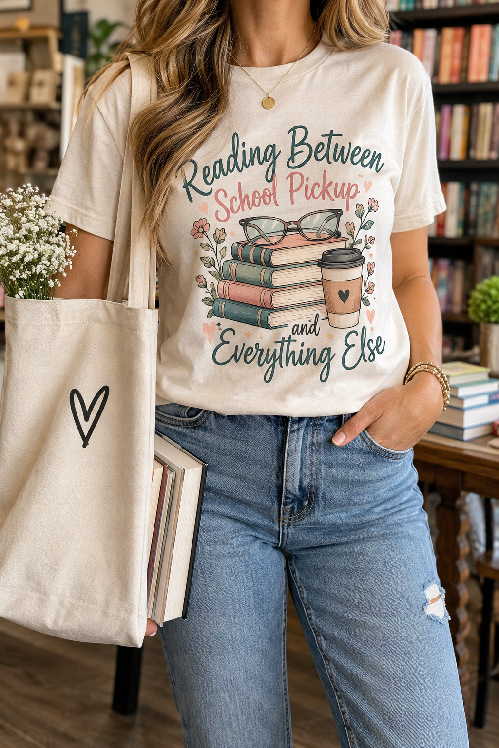 Reading Between School Pickups boutique modeled mockup