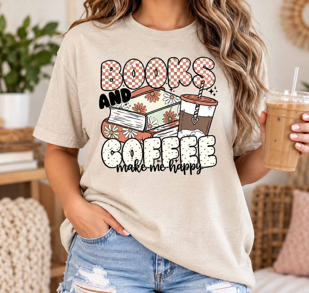 Books & Coffee Make Me Happy boutique modeled mockup