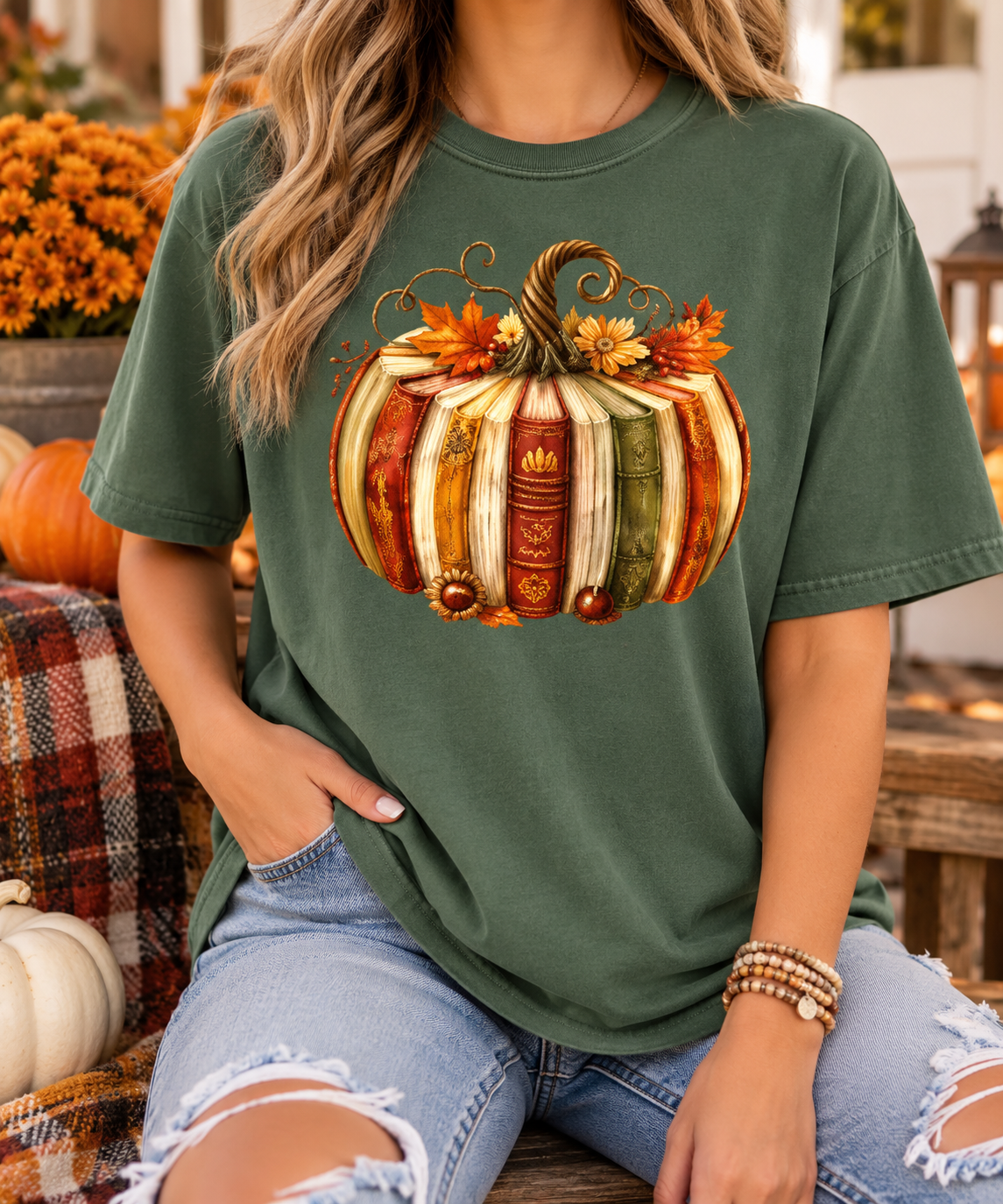 Vintage Book Pumpkin boutique modeled mockup