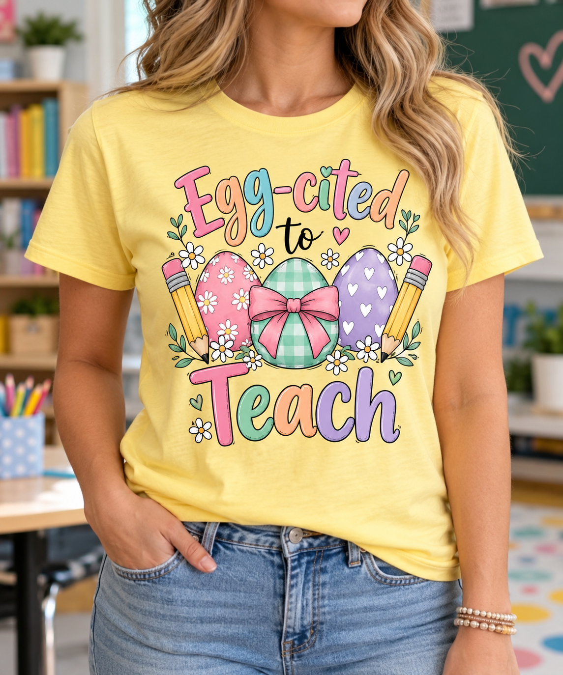 Egg-cited to Teach boutique apparel mockup, front design
