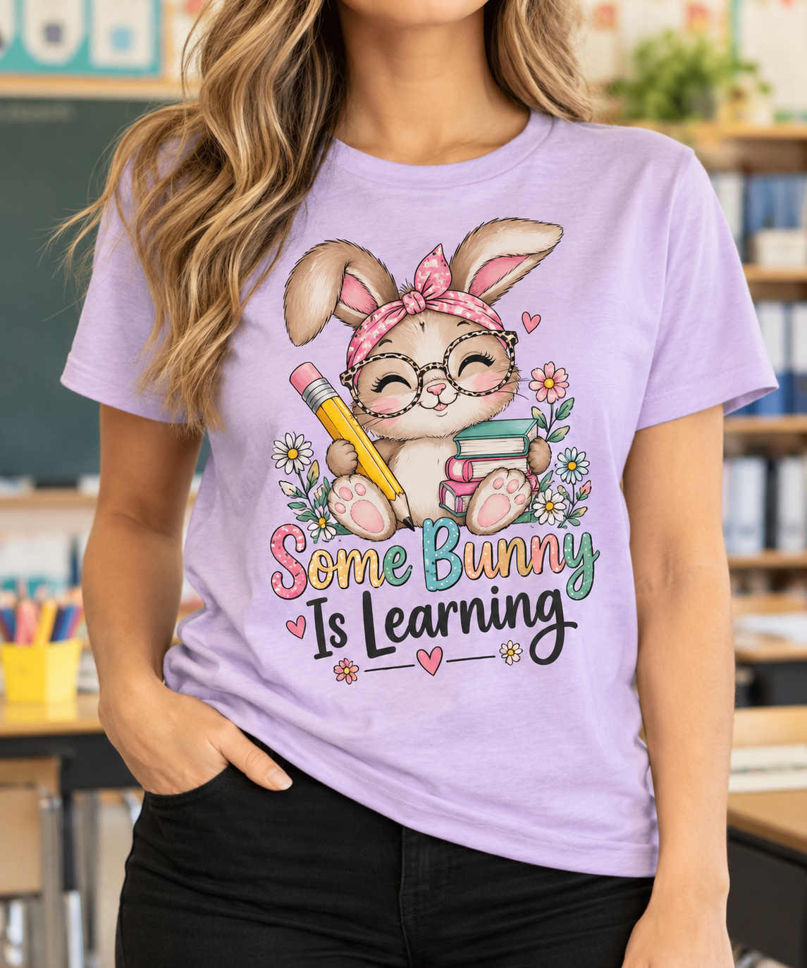 Some Bunny Is Learning boutique apparel mockup, front design