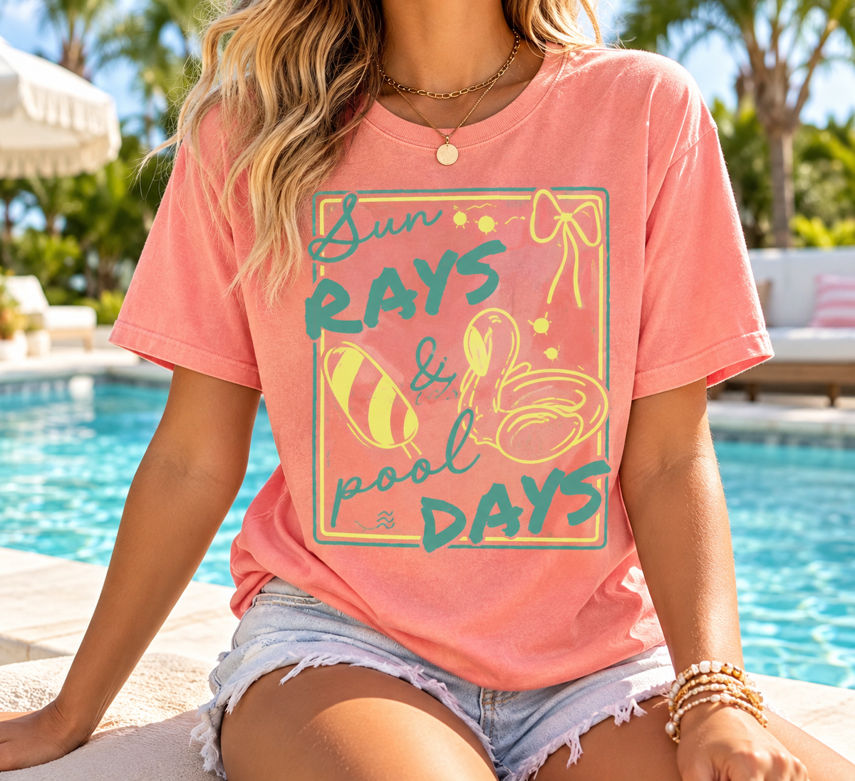 Sun Rays & Pool Days boutique apparel mockup, front design