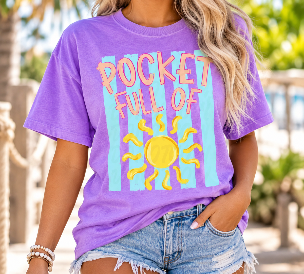 Pocket Full of Sunshine boutique apparel mockup, front design