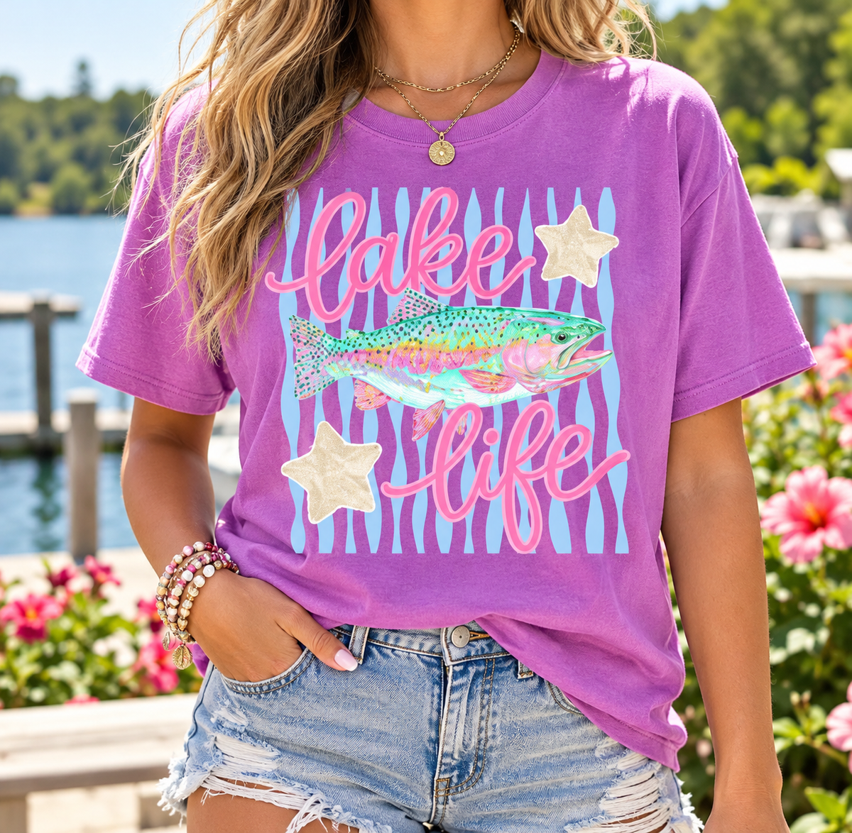 Lake Life: Colorful Fish boutique apparel mockup, front design
