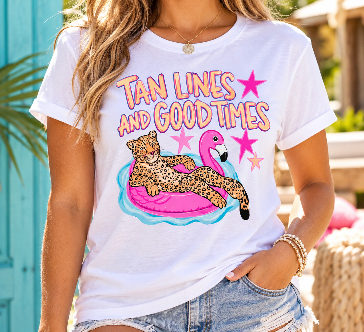 Tan Lines & Good Times: Pool Leopard boutique apparel mockup, front design