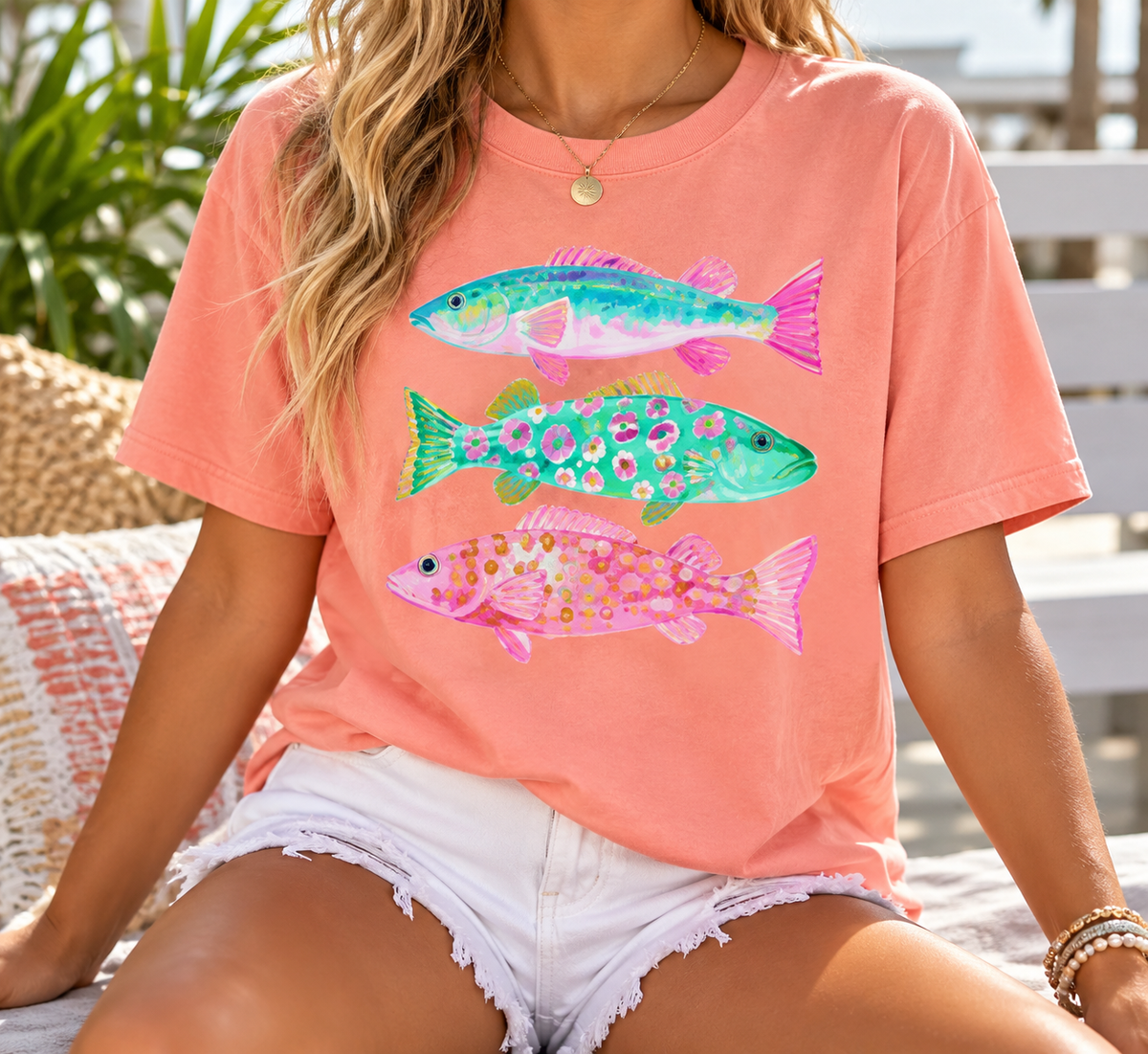 Colorful Fish Trio boutique apparel mockup, front design