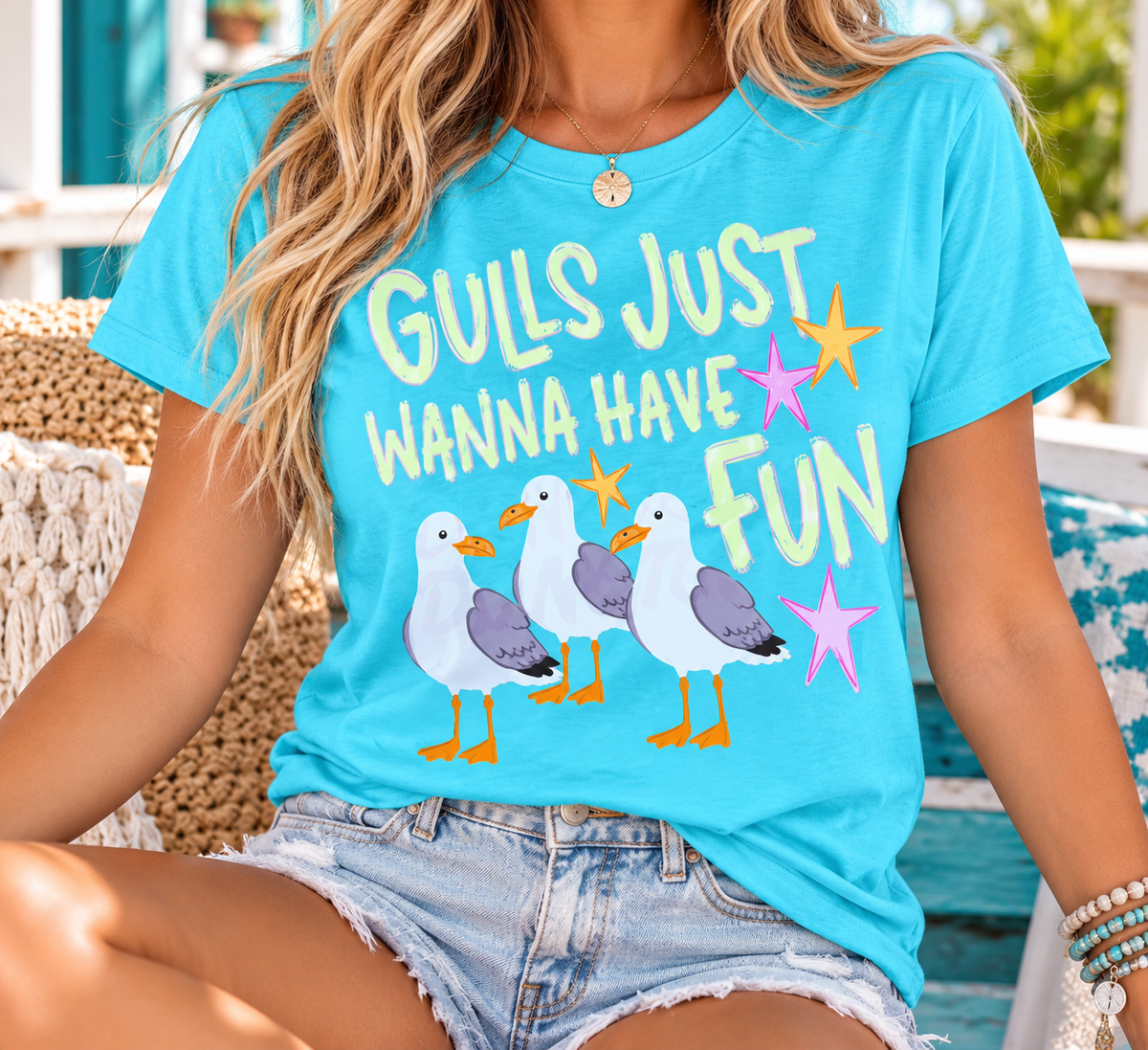 Gulls Just Wanna Have Fun boutique apparel mockup, front design