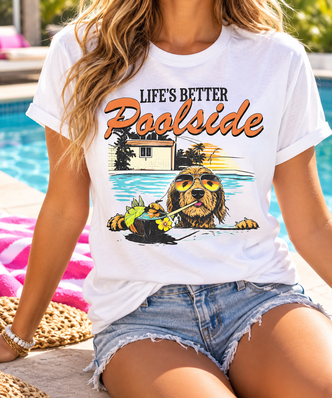 Life’s Better Poolside boutique apparel mockup, front design