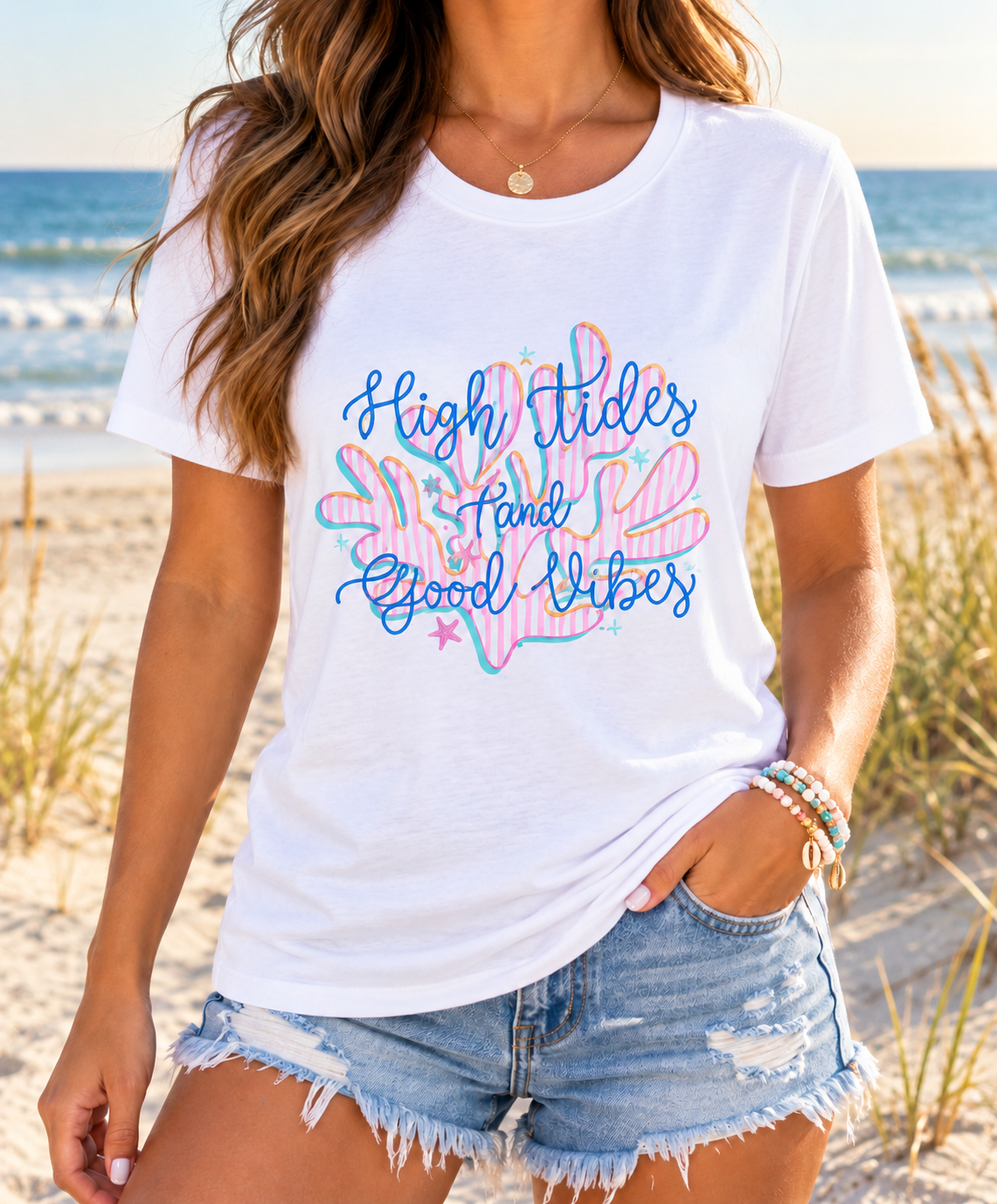 High Tides & Good Vibes boutique apparel mockup, front design