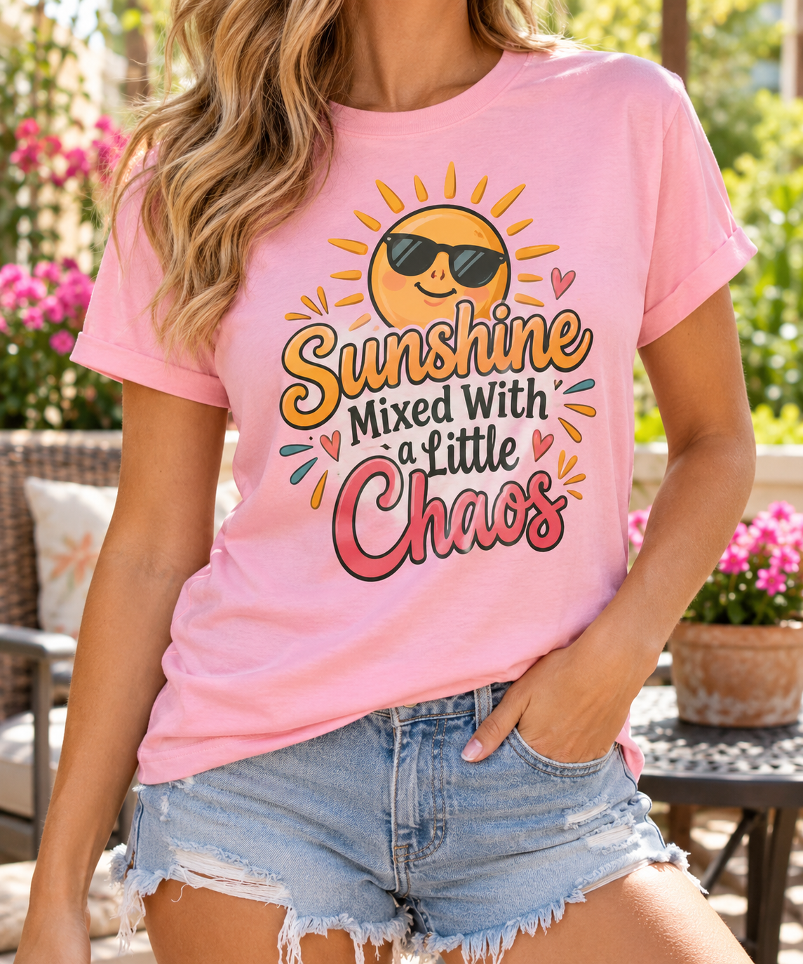 Sunshine Mixed with a Little Chaos boutique apparel mockup, front design