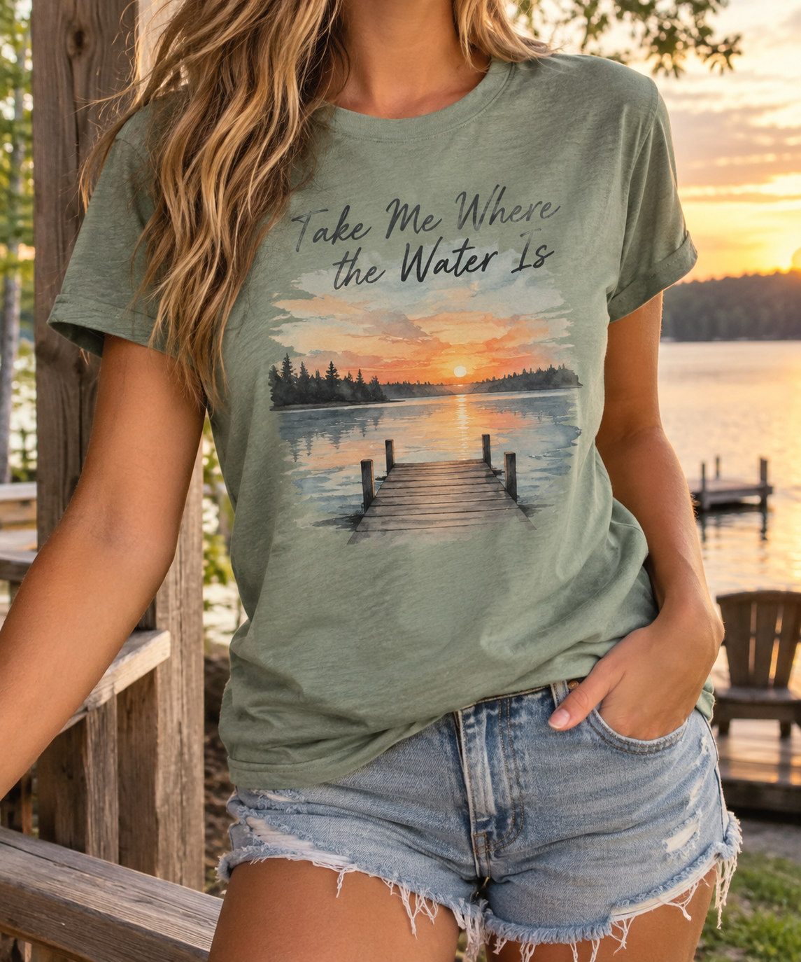 Take Me Where the Water Is boutique apparel mockup, front design