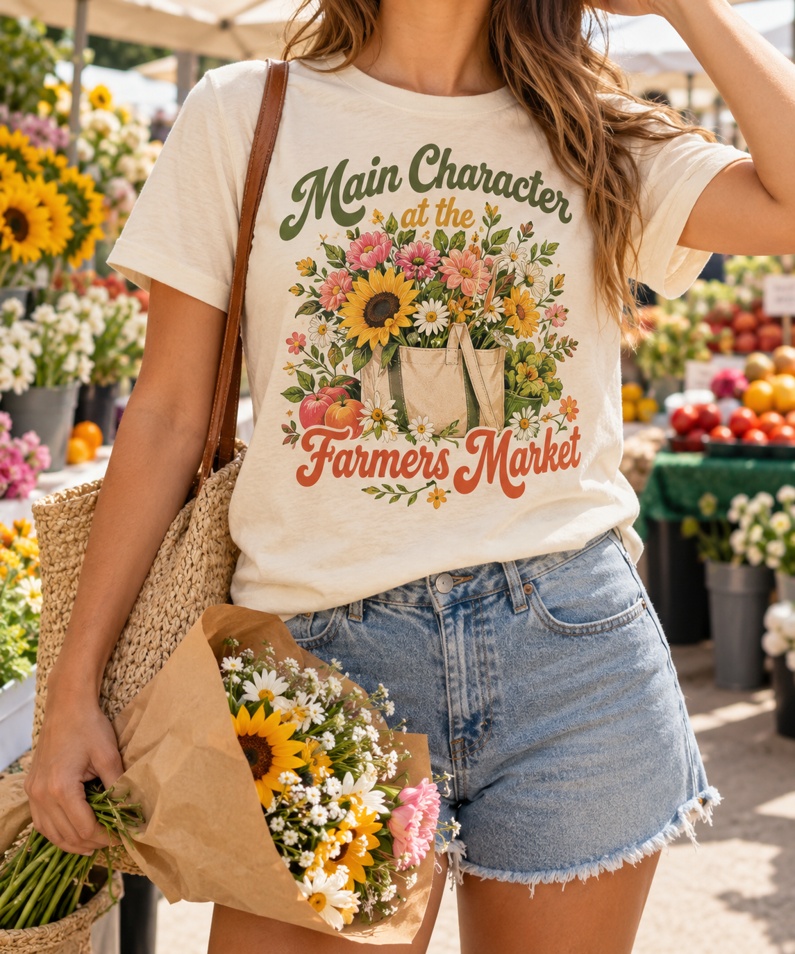 Main Character at the Farmers Market boutique apparel mockup, front design