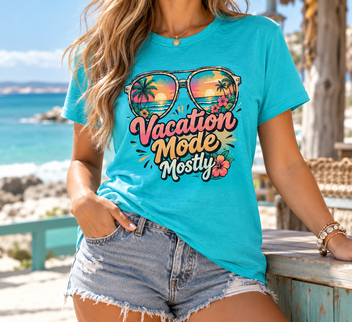 Vacation Mode, Mostly boutique apparel mockup, front design