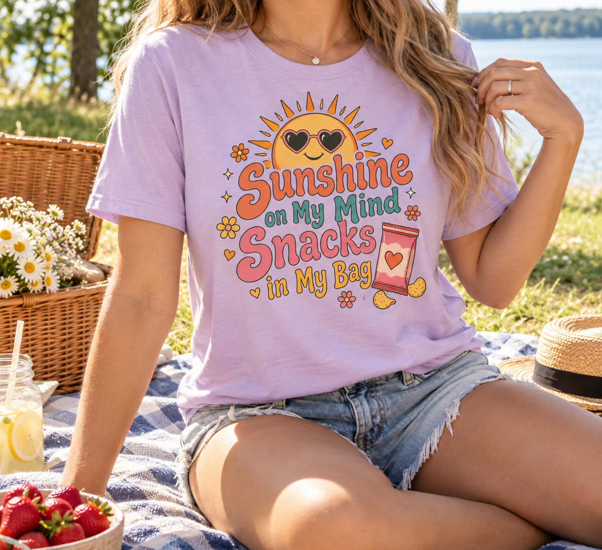 Sunshine on My Mind, Snacks in My Bag boutique apparel mockup, front design