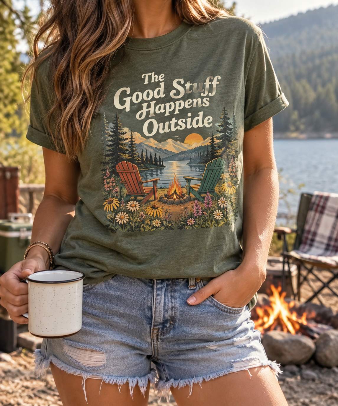 The Good Stuff Happens Outside boutique apparel mockup, front design