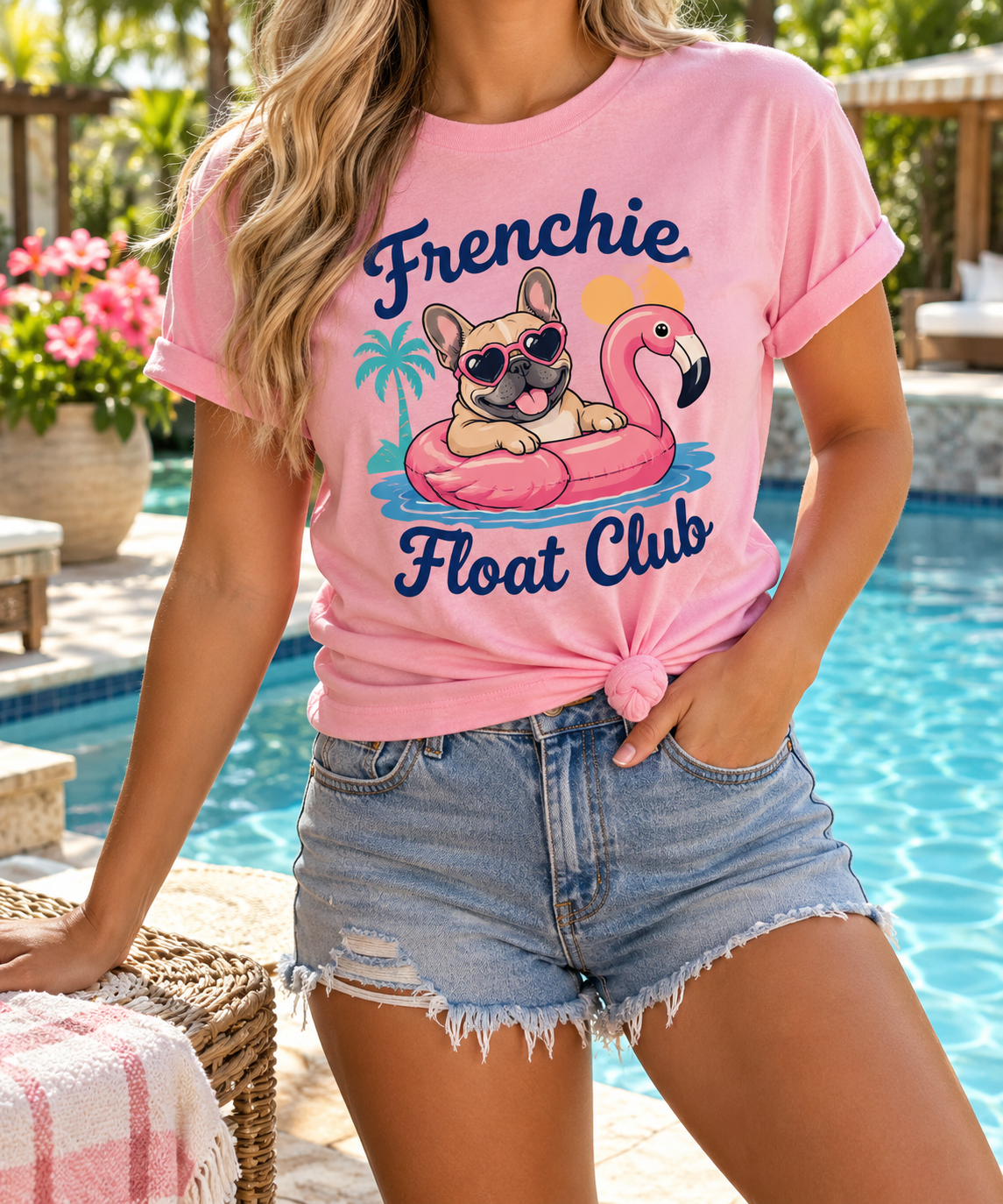 Frenchie Float Club boutique apparel mockup, front design