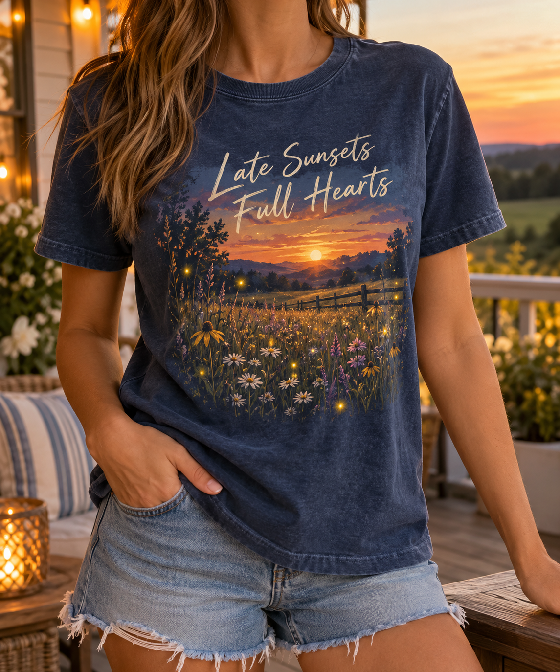 Late Sunsets, Full Hearts boutique apparel mockup, front design
