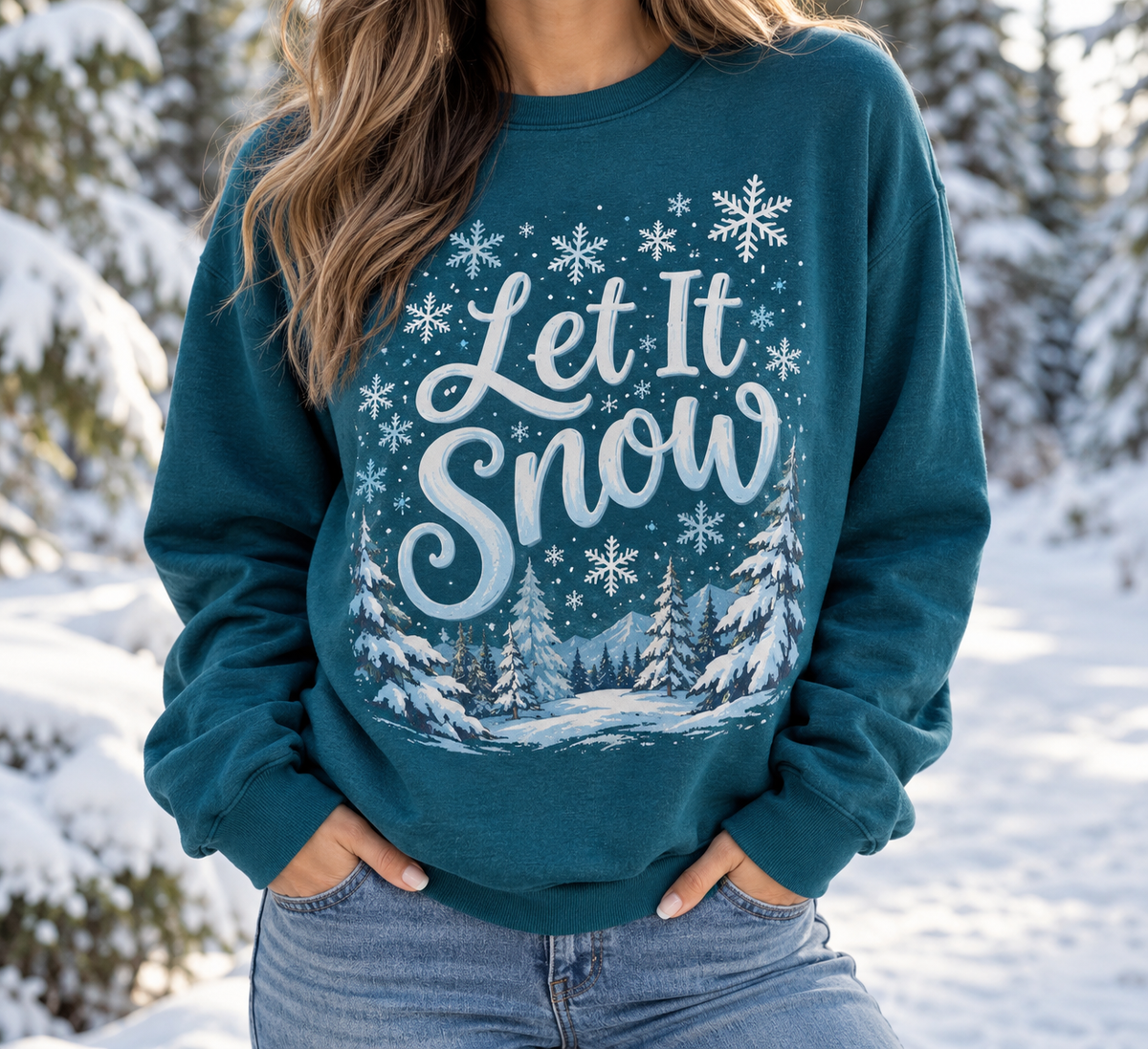 Let It Snow: Pine Forest boutique apparel mockup, front design
