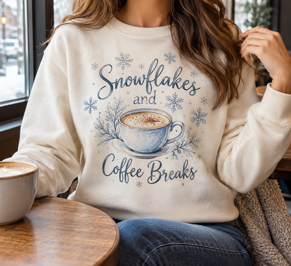 Snowflakes & Coffee Breaks boutique apparel mockup, front design