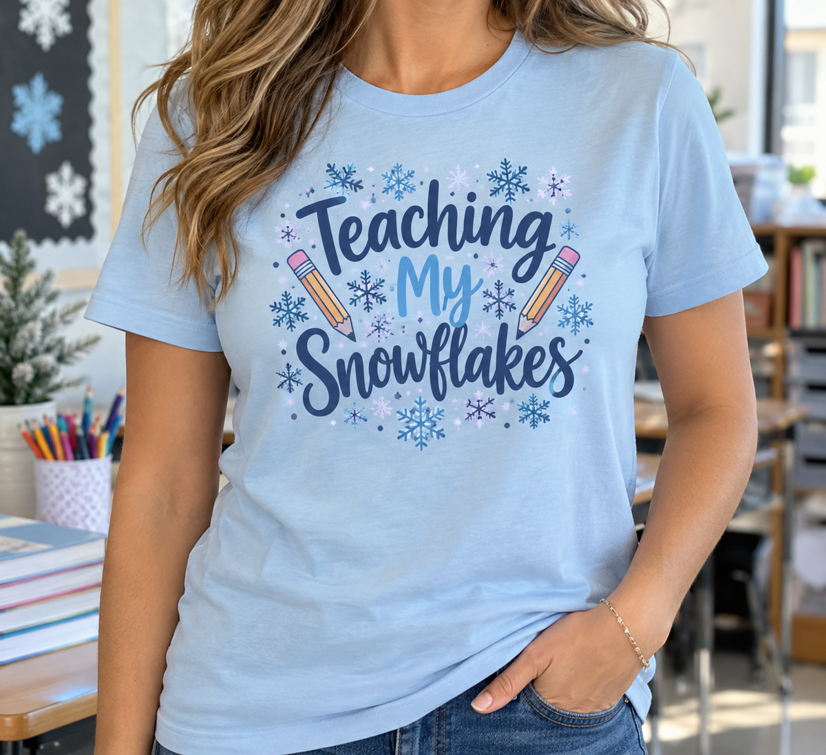 Teaching My Snowflakes boutique apparel mockup, front design