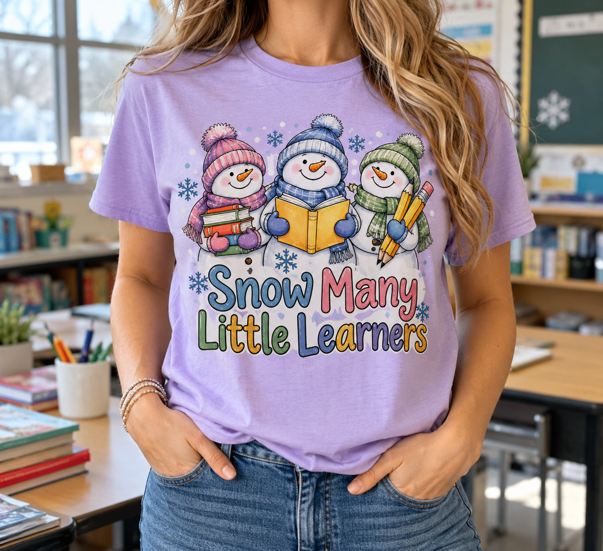 Snow Many Little Learners boutique apparel mockup, front design