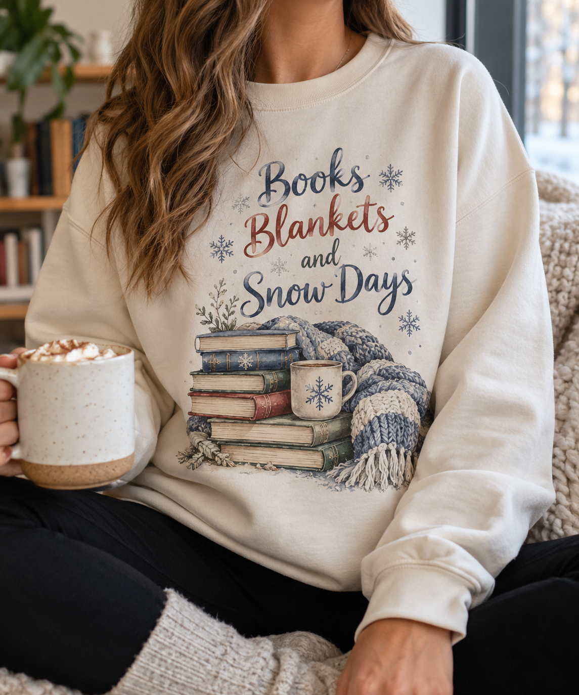 Books, Blankets & Snow Days boutique apparel mockup, front design