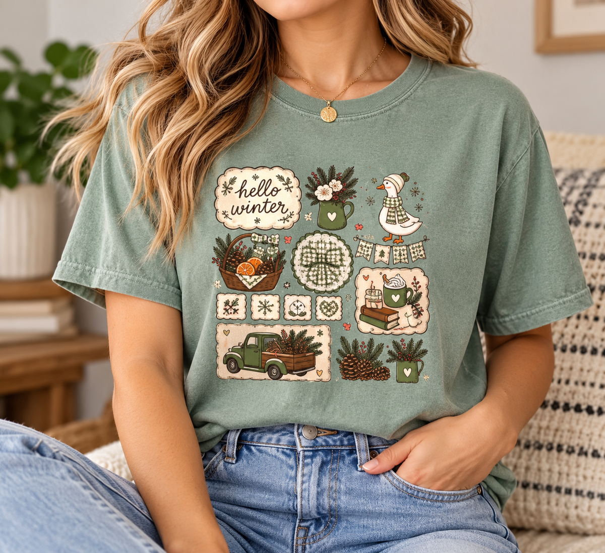 Hello Winter: Cottage Collage boutique apparel mockup, front design
