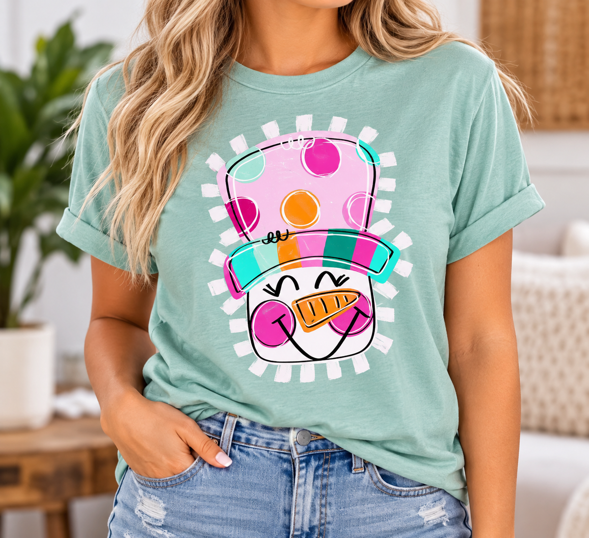 Winking Snowman boutique apparel mockup, front design