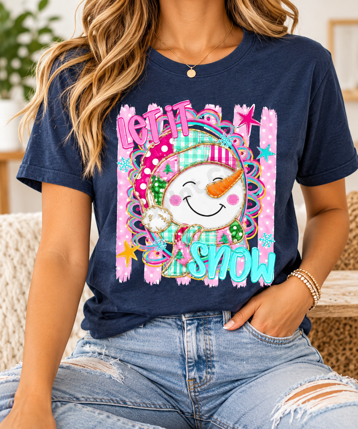 Let It Snow: Patchwork Snowman boutique apparel mockup, front design
