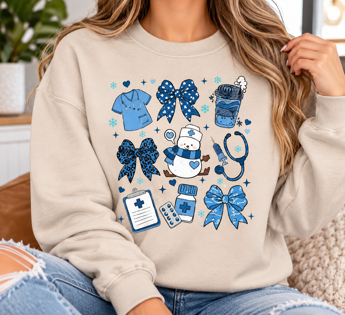 Winter Nurse: Blue Bow Collage boutique apparel mockup, front design