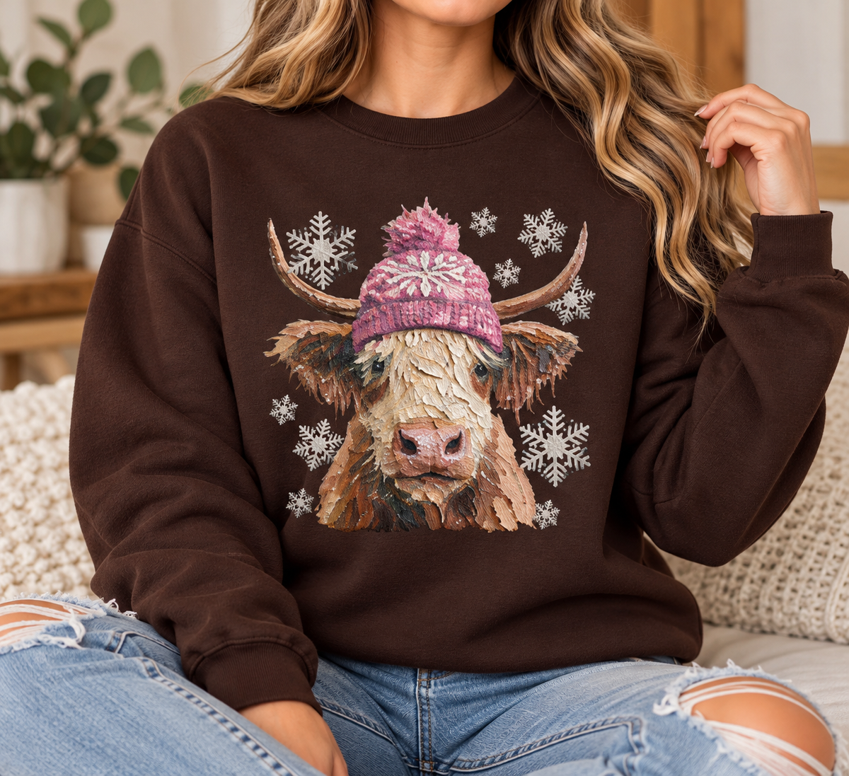 Winter Highland Cow boutique apparel mockup, front design