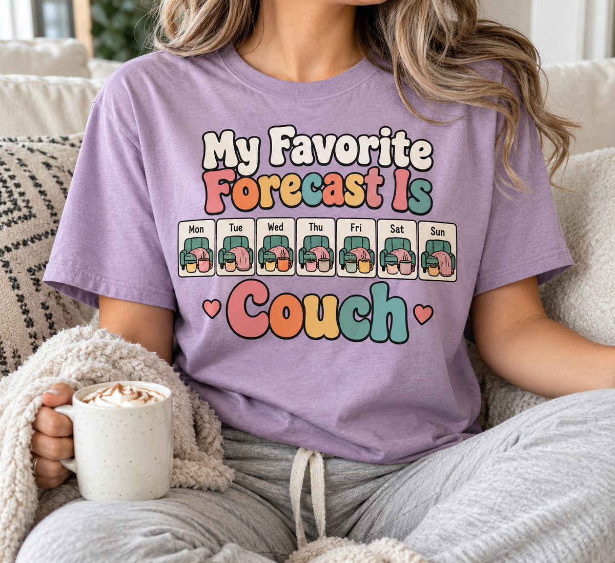 My Favorite Forecast Is Couch boutique apparel mockup, front design