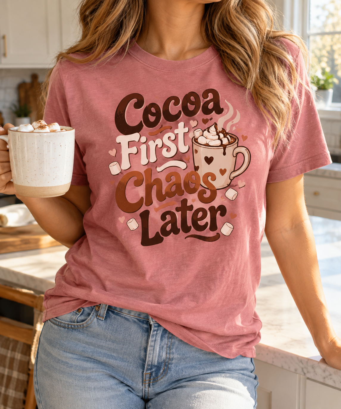 Cocoa First, Chaos Later boutique apparel mockup, front design