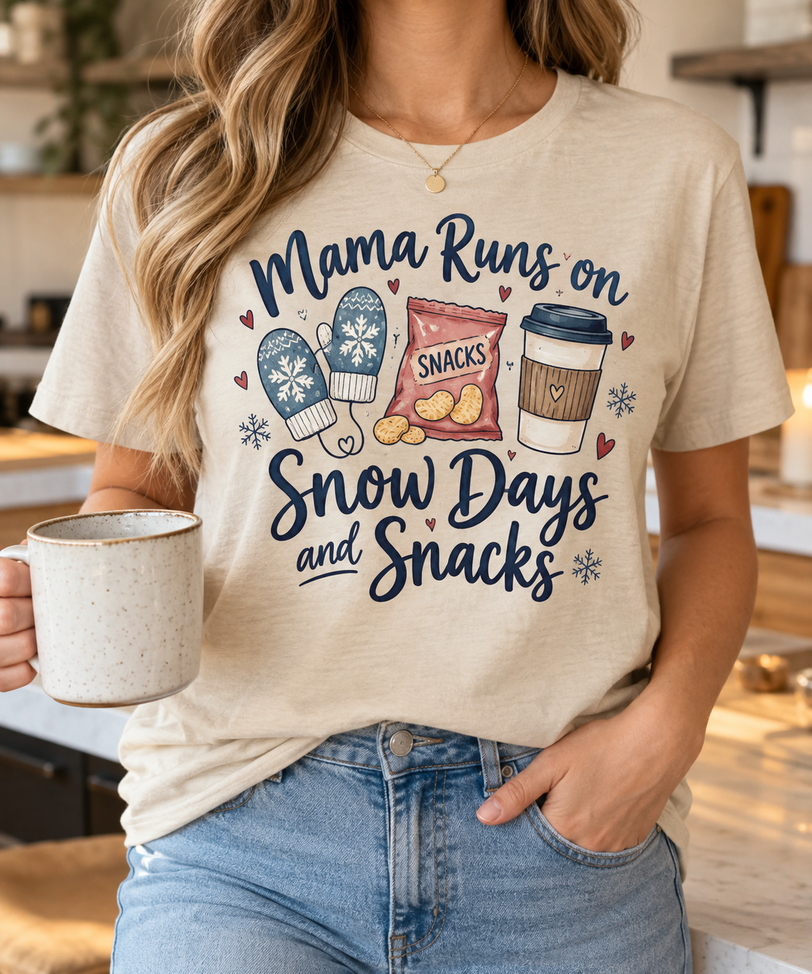 Mama Runs on Snow Days & Snacks boutique apparel mockup, front design