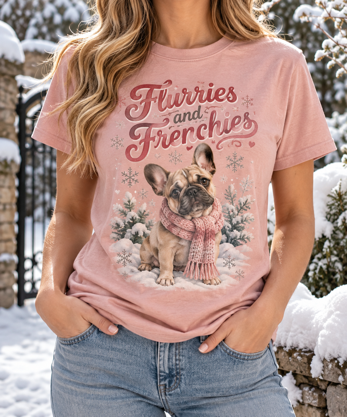 Flurries & Frenchies boutique apparel mockup, front design