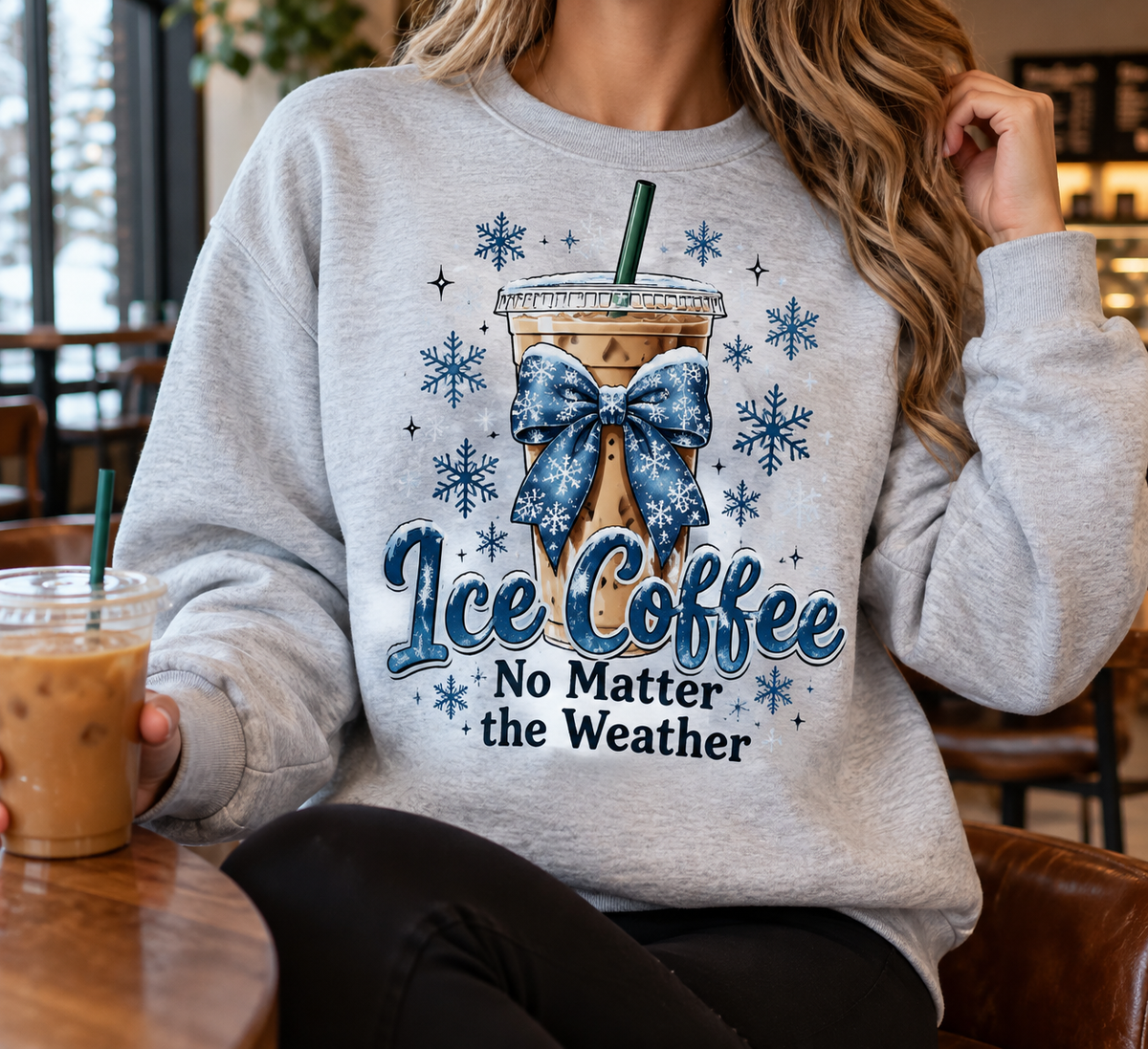 Iced Coffee, No Matter the Weather boutique apparel mockup, front design