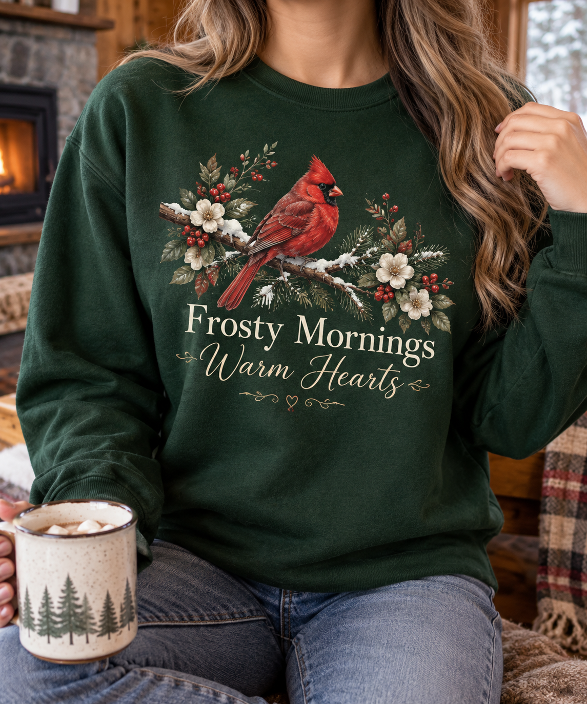 Frosty Mornings, Warm Hearts boutique apparel mockup, front design