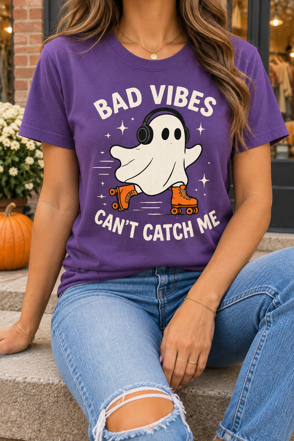 Bad Vibes Cannot Catch Me modeled shirt, cropped below the face