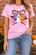 Boo Bow Ghost modeled shirt, cropped below the face