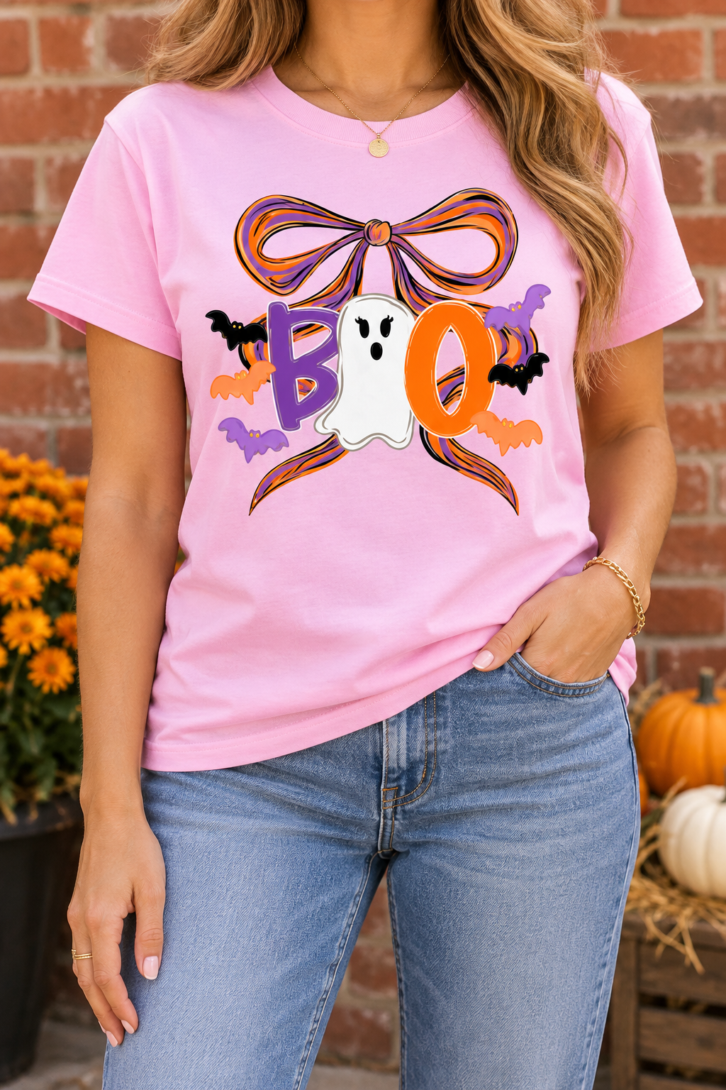 Boo Bow Ghost modeled shirt, cropped below the face