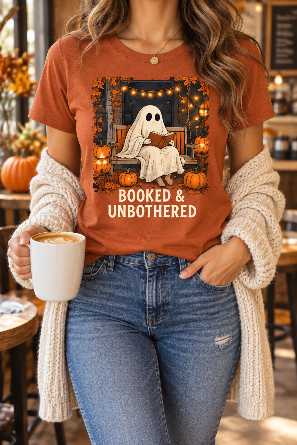 Booked and Unbothered modeled shirt, cropped below the face
