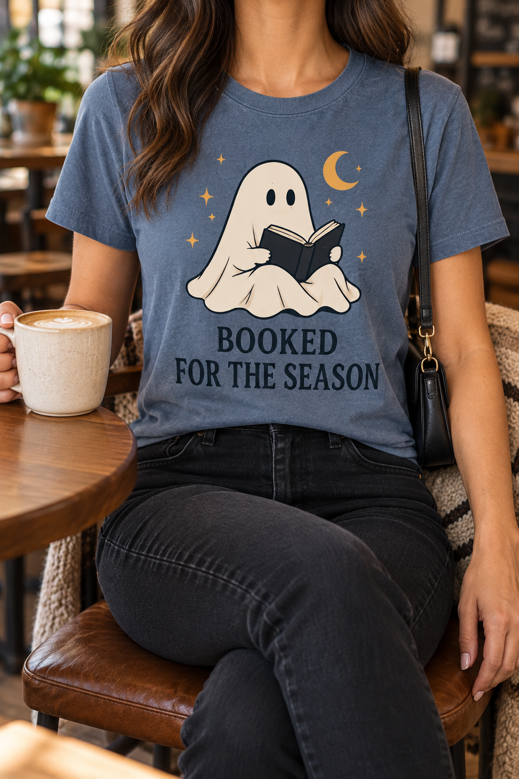 Booked for the Season modeled shirt, cropped below the face
