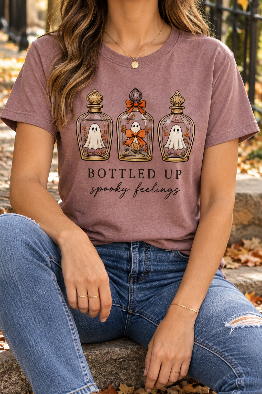 Bottled Up Spooky Feelings modeled shirt, cropped below the face
